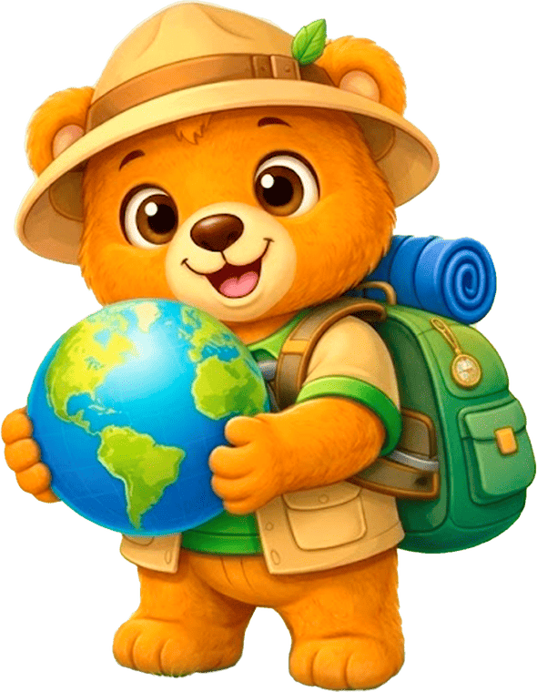 Billy, o ursinho aventureiro do Little Explorers, segurando um globo terrestre